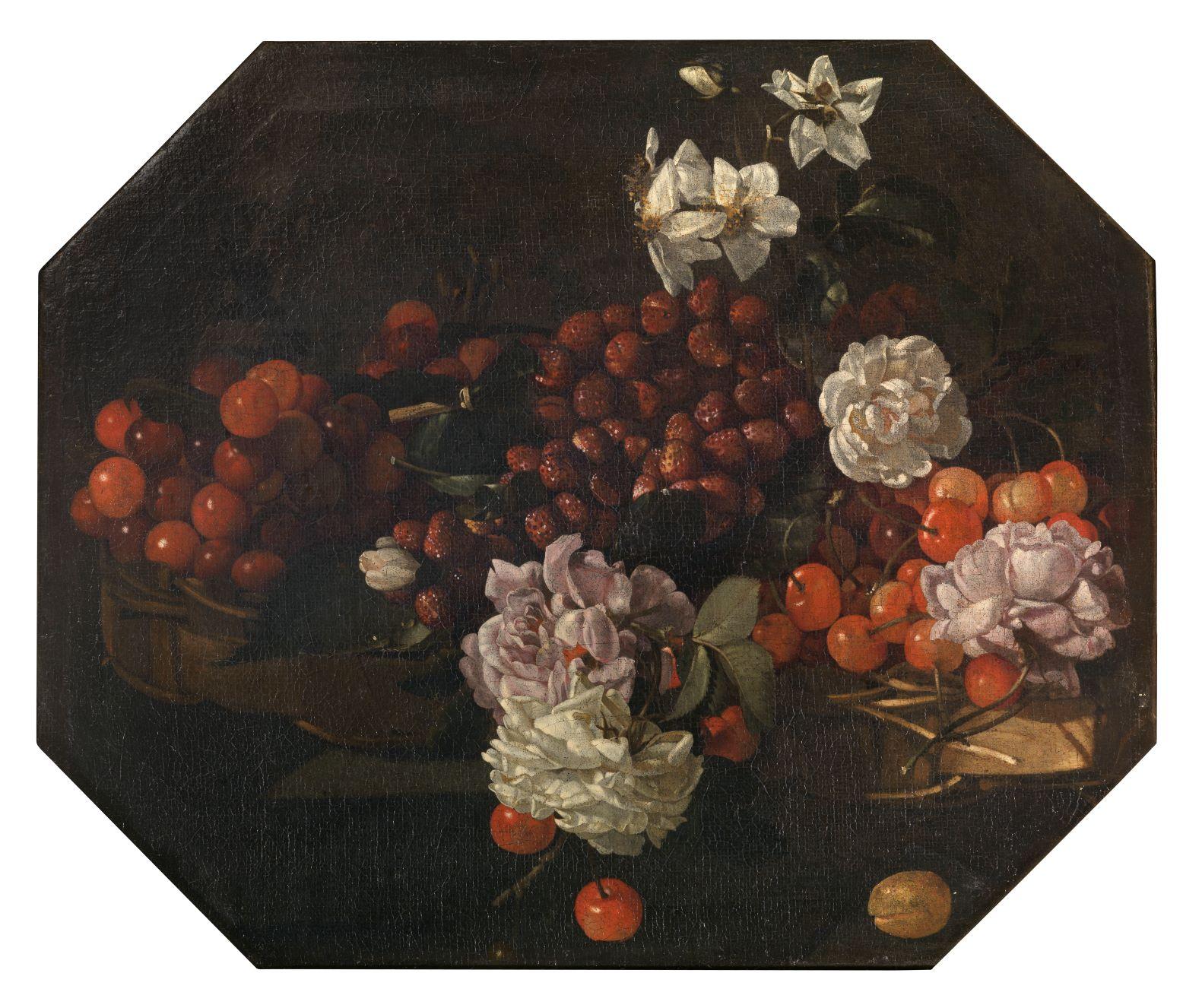 Nature morte aux cerises, aux fraises et aux roses par Luca Forte