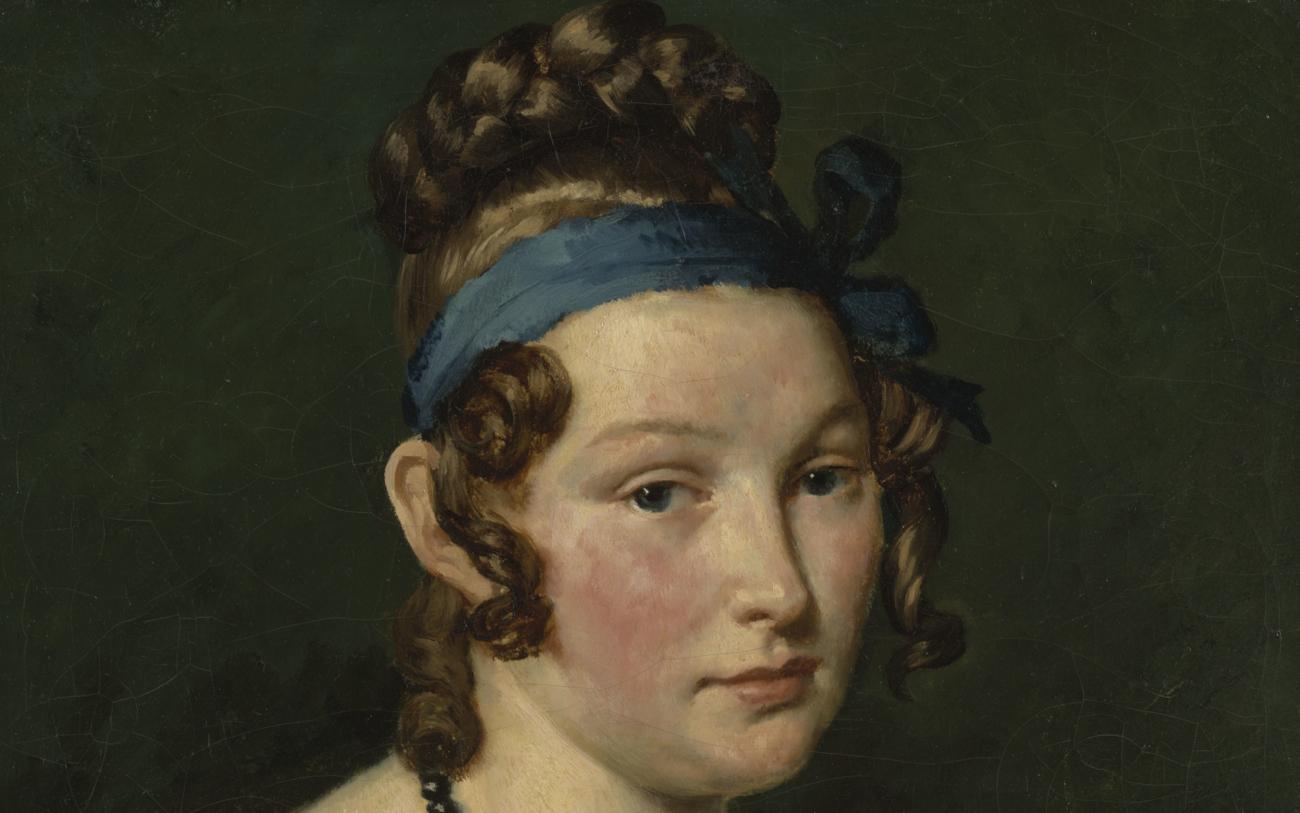 Portrait de femme, le front ceint d'un ruban bleu