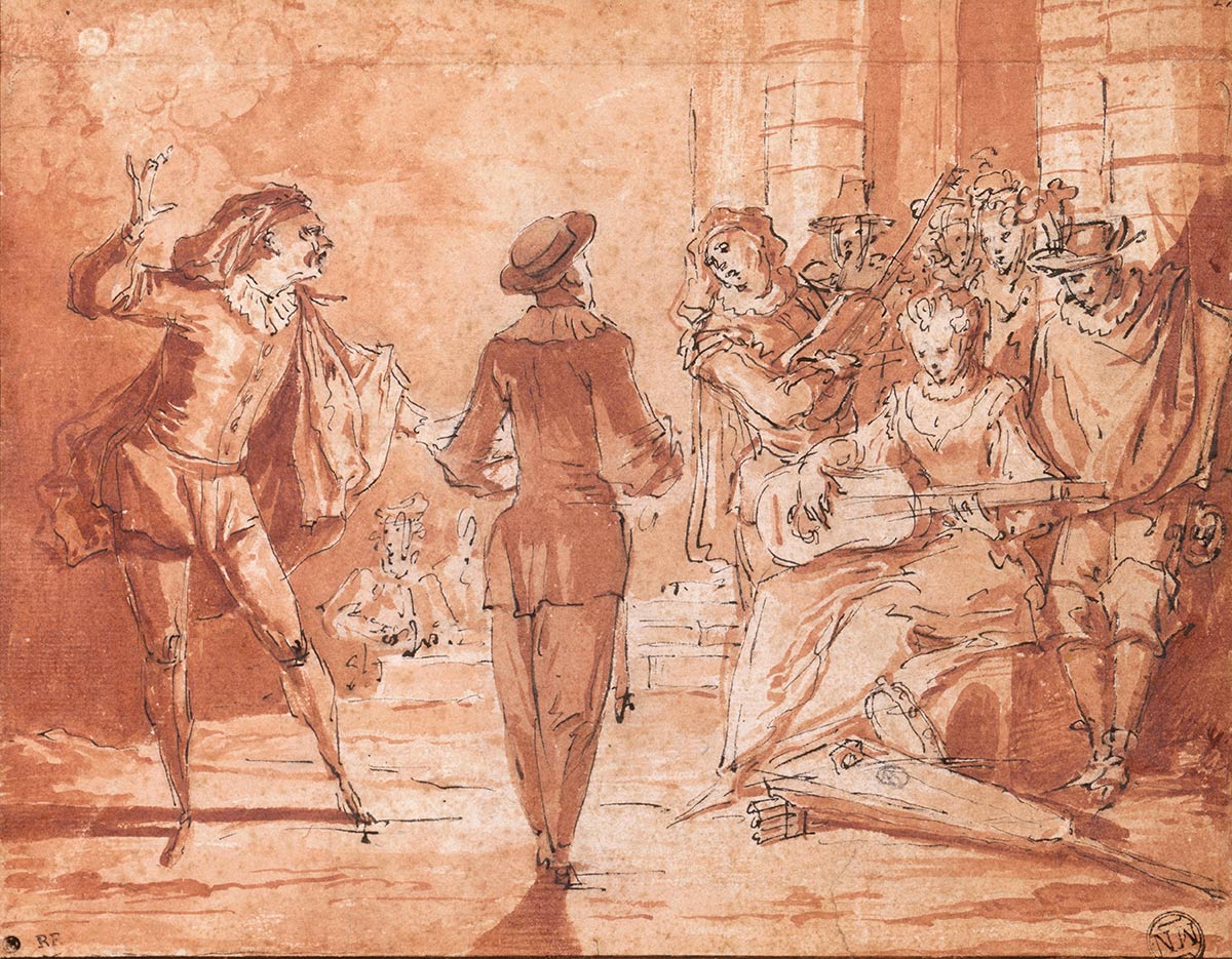 Claude Gillot, Scène de comédie italienne : Jupiter curieux impertinent, Paris, musée du Louvre
