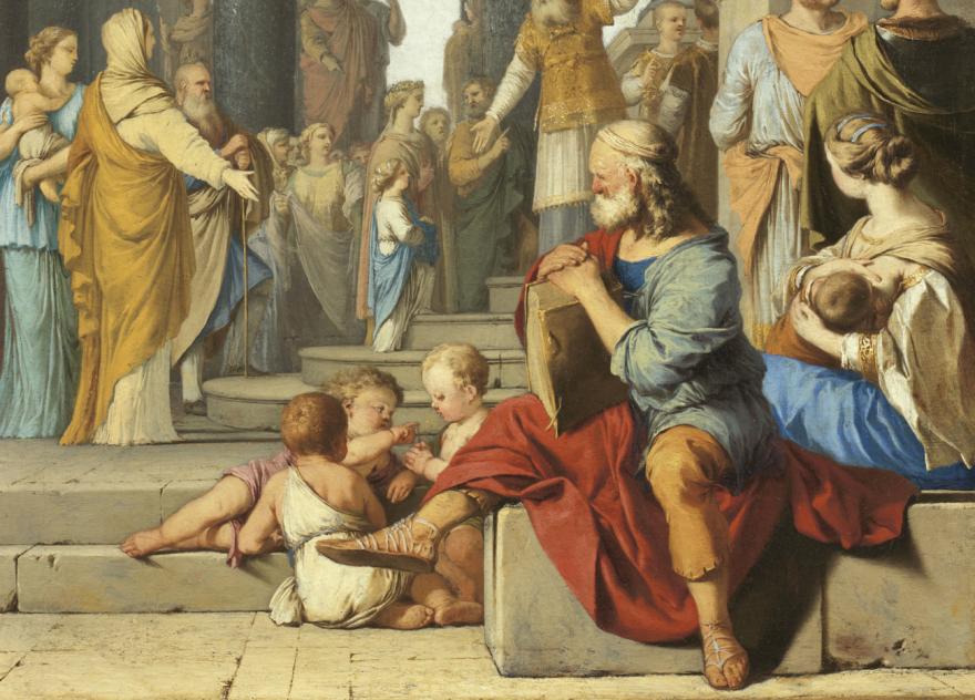 Homme barbu assis et enfants