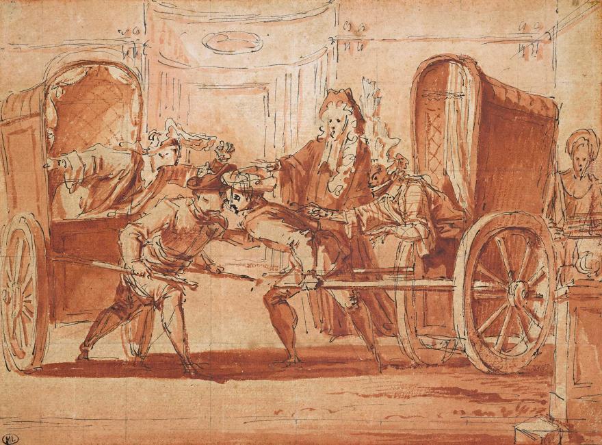 Claude Gillot, Les deux carrosses, autour de 1695, plume et encre noire, relevées de lavis de sanguine, Paris, musée du Louvre © GrandPalaisRmn (musée du Louvre) / Mathieu Rabeau
