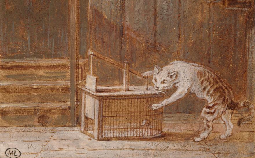 Claude Gillot, Le Chat & la Souris, Livre IV, fable 8, Sanguine, lavis d'encre brune, gouache et rehauts de gouache blanche sur papier; trait d'encadrement à la plume et encre noire Paris, musée du Louvre  © Musée du Louvre, dist. GrandPalaisRmn / Suzanne Nagy