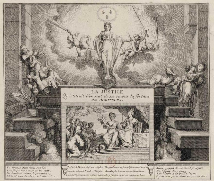 Claude Gillot, La Justice qui détruit d'un seul de ses rayons la fortune des Agioteurs, gravure en taille-douce, Paris, BnF