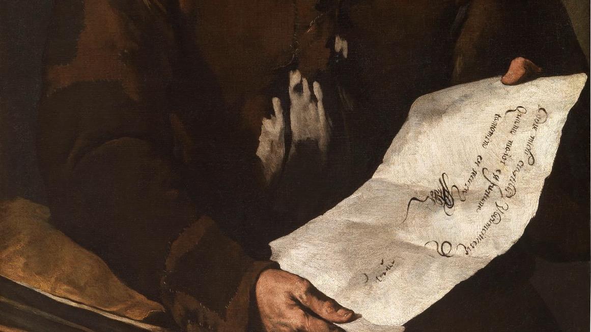Maître de l'Annonce aux bergers, Vieil homme lisant un parchemin, détail, tableau de la Fondazione De Vito