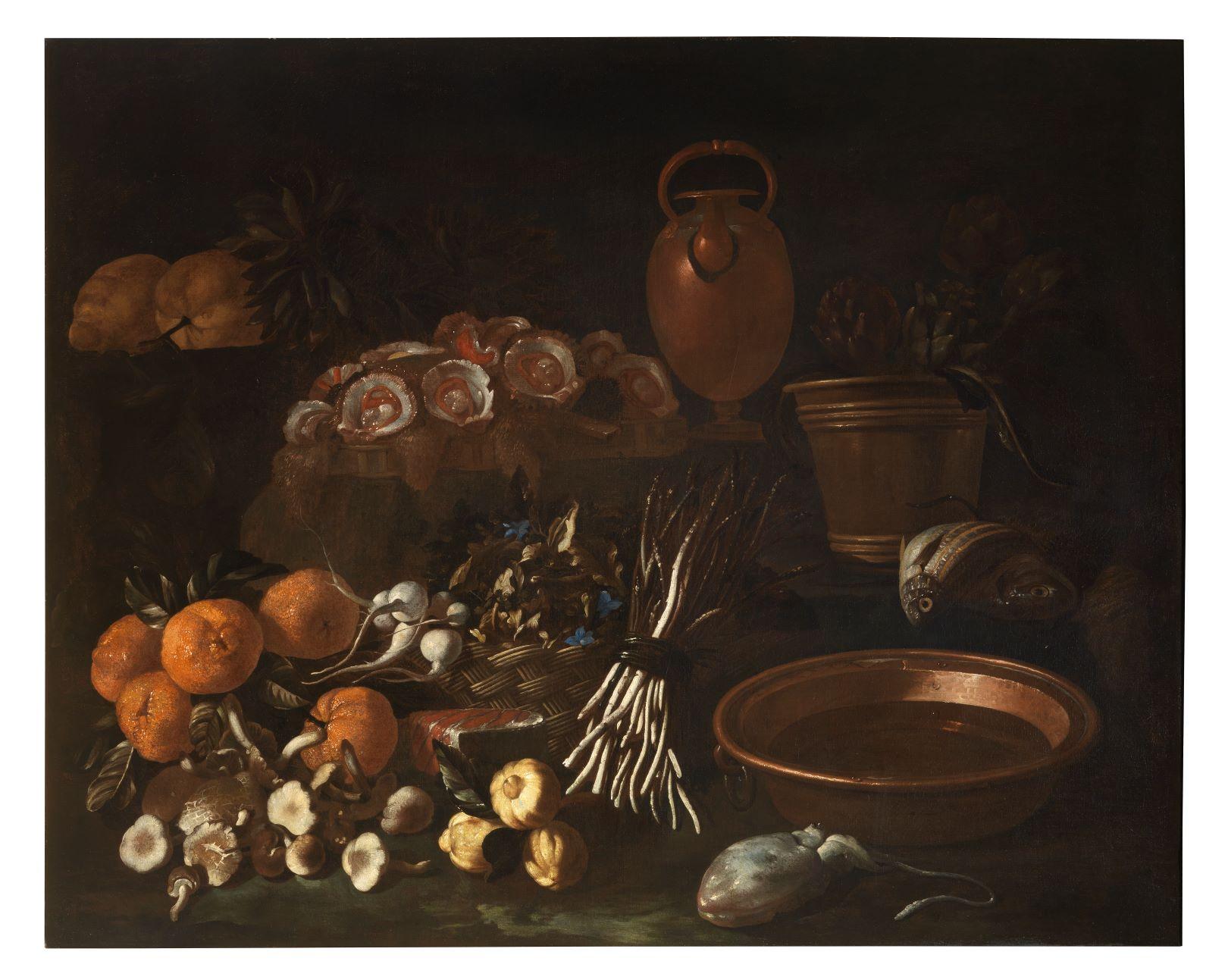 Nature morte aux fruits, aux légumes, aux poissons, aux coquilles Saint-Jacques et à la vaisselle de cuivre, par Giovanni Battista Ruoppolo