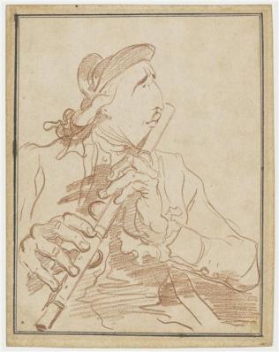 Portrait-charge de Lemonnier jouant de la flûte